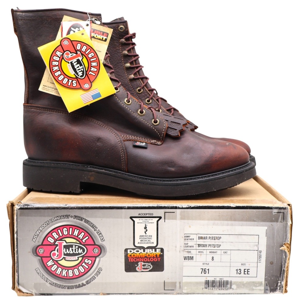 Justin 761 Work Boots Mens 13 EE Leather Kiltie Double Comfort Brown USA Made